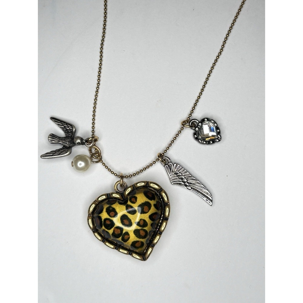 Betsey Johnson Womens Necklace Leopard Heart Charm Gold Angel Wing Dove 18"